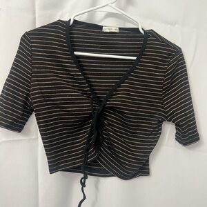 Forever 21 Black and Gold Crop Tie Front Blouse
